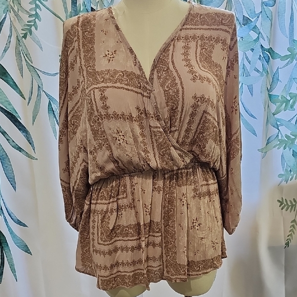 Honeyme Tops - HoneyMe Curvy Elegant Paisley Blouse in Pink and Brown